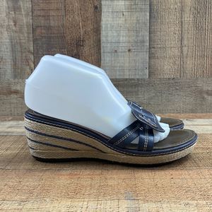 Clarks Artisan Black Raffia Leather Strap Espadrille Wedge Sandals Womens 8M